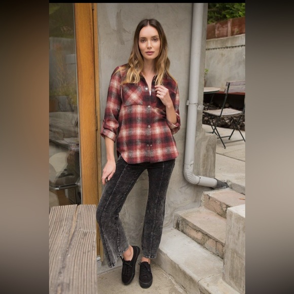 Plaid Shacket Shirt Jacket With Pockets Burgundy Size S - Picture 8 of 8